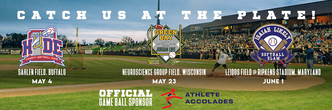 Athlete Accolades Sponsored Game Softballs for Micah Hyde Charity Softball Game, Jordan Love Charity Softball Game and Isaiah Likely Softball Slam