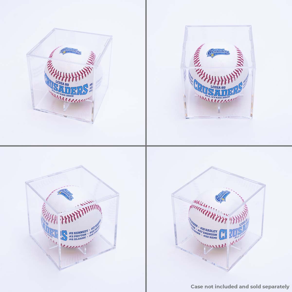 Multiple angles of a personalized baseball in a clear case