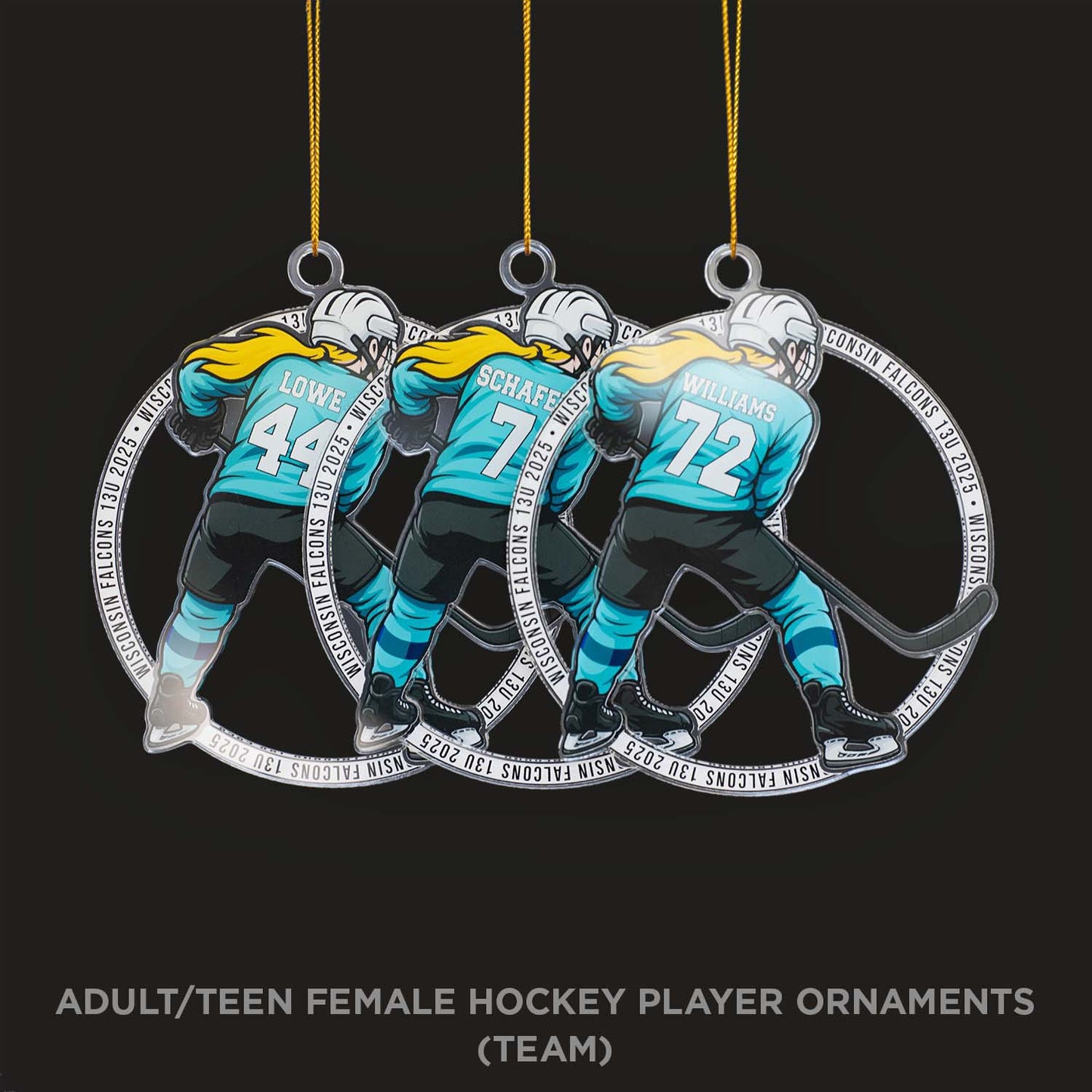 Three hockey player ornaments with names and numbers on a black background