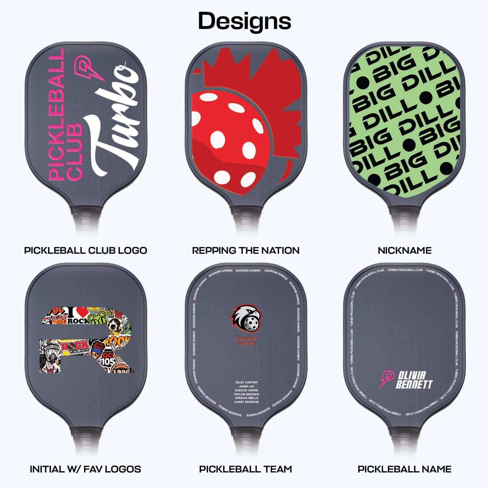 Collection of pickleball paddles with various designs and text on a white background