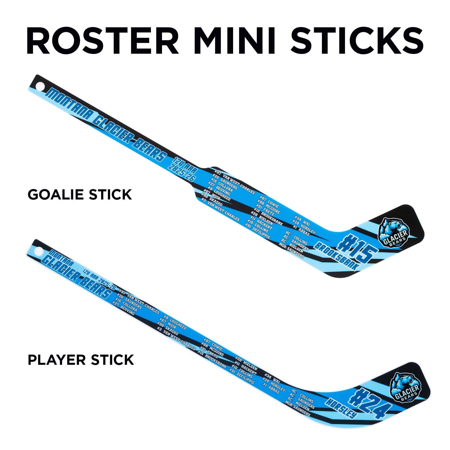 Two hockey sticks labeled 'Goalie Stick' and 'Player Stick' with a measurement of 20 inches on a white background.