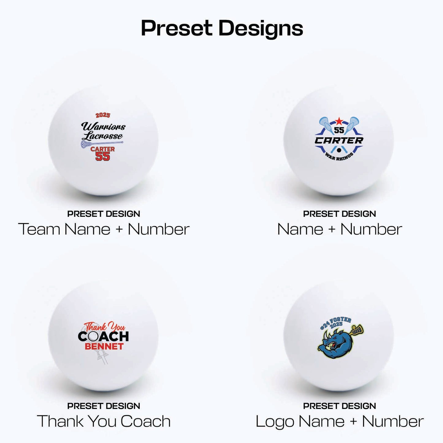 Four white lacrosse balls with personalized designs on a white background