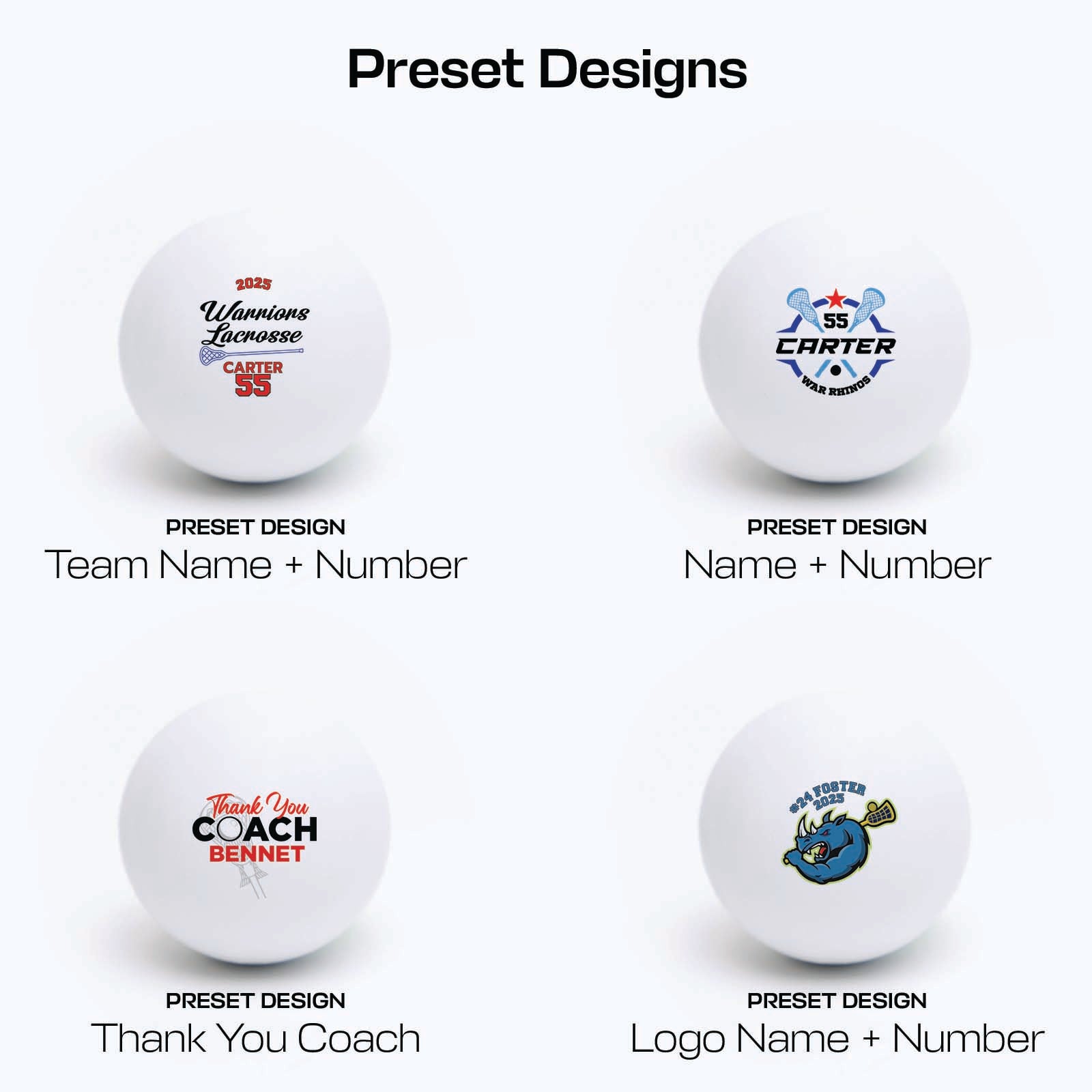 Four white lacrosse balls with personalized designs on a white background