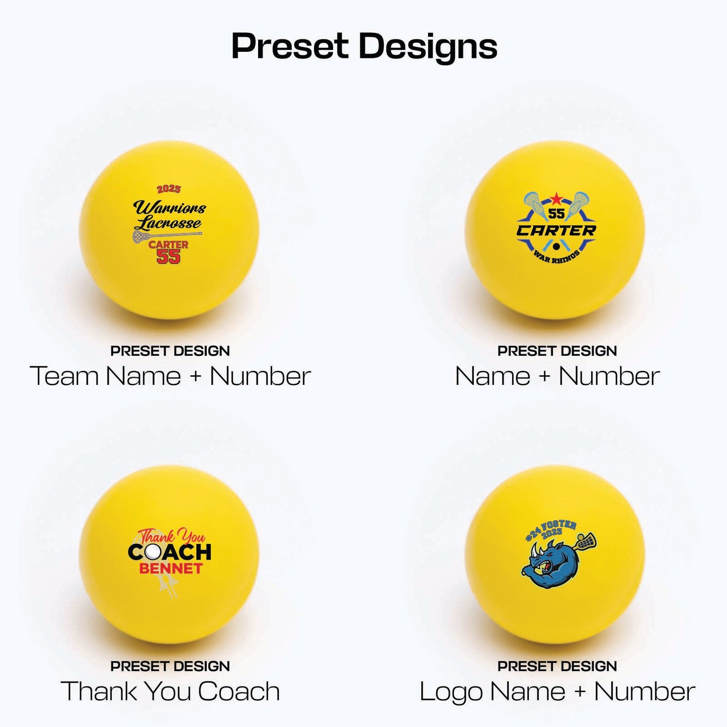 Four yellow lacrosse balls with customizable designs on a white background