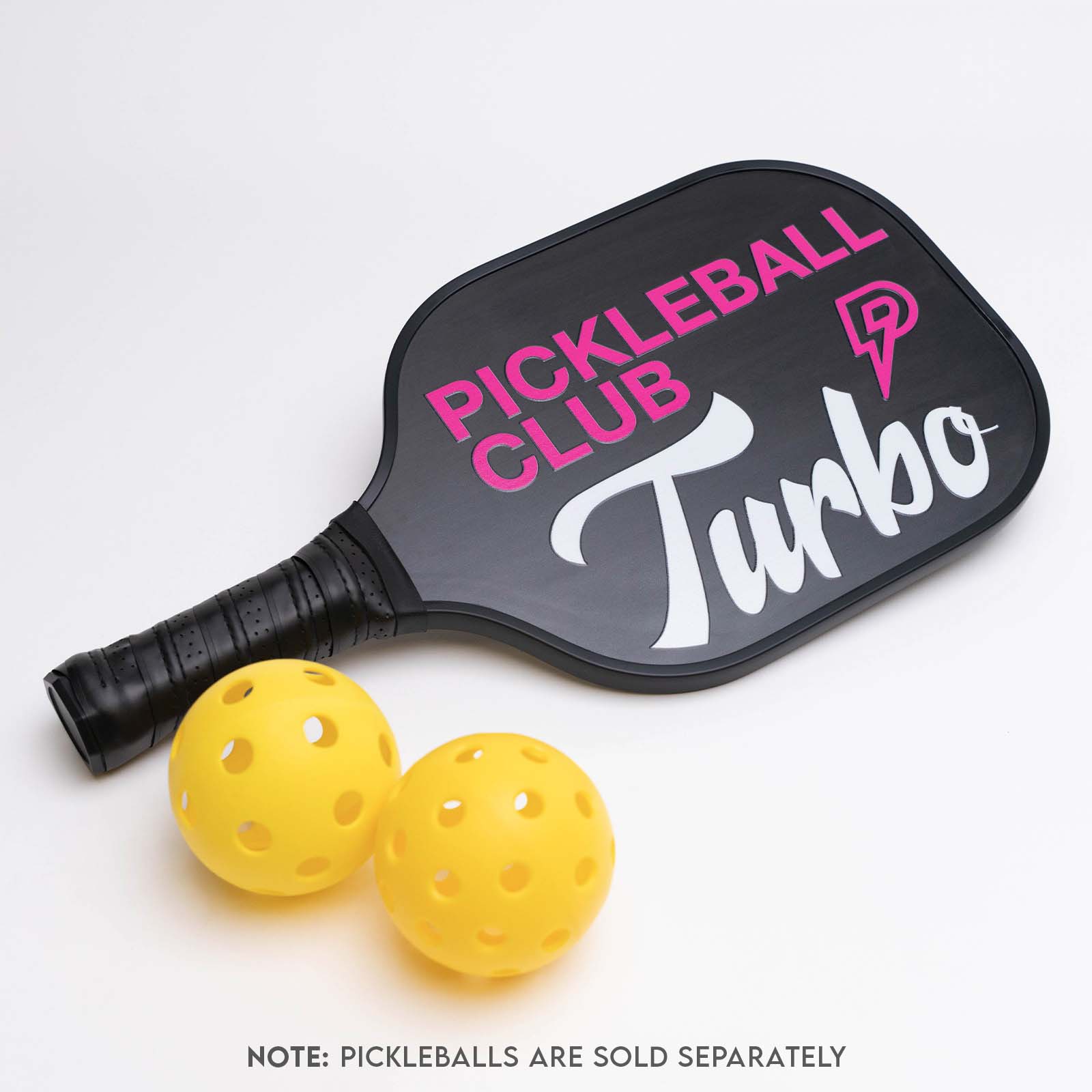 Custom logo pickleball paddle with two yellow pickleballs