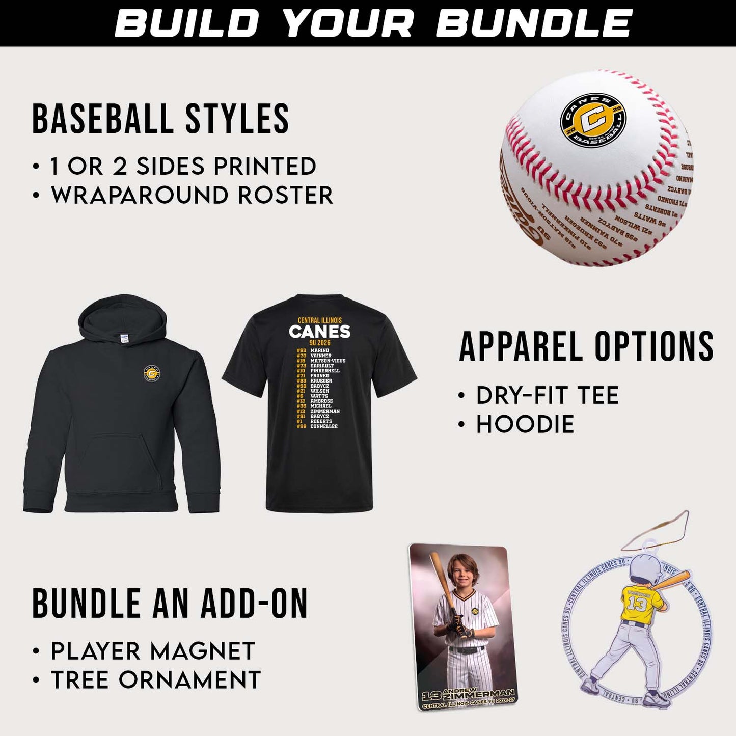 Promotional graphic for customizable sports apparel with a baseball and related merchandise.