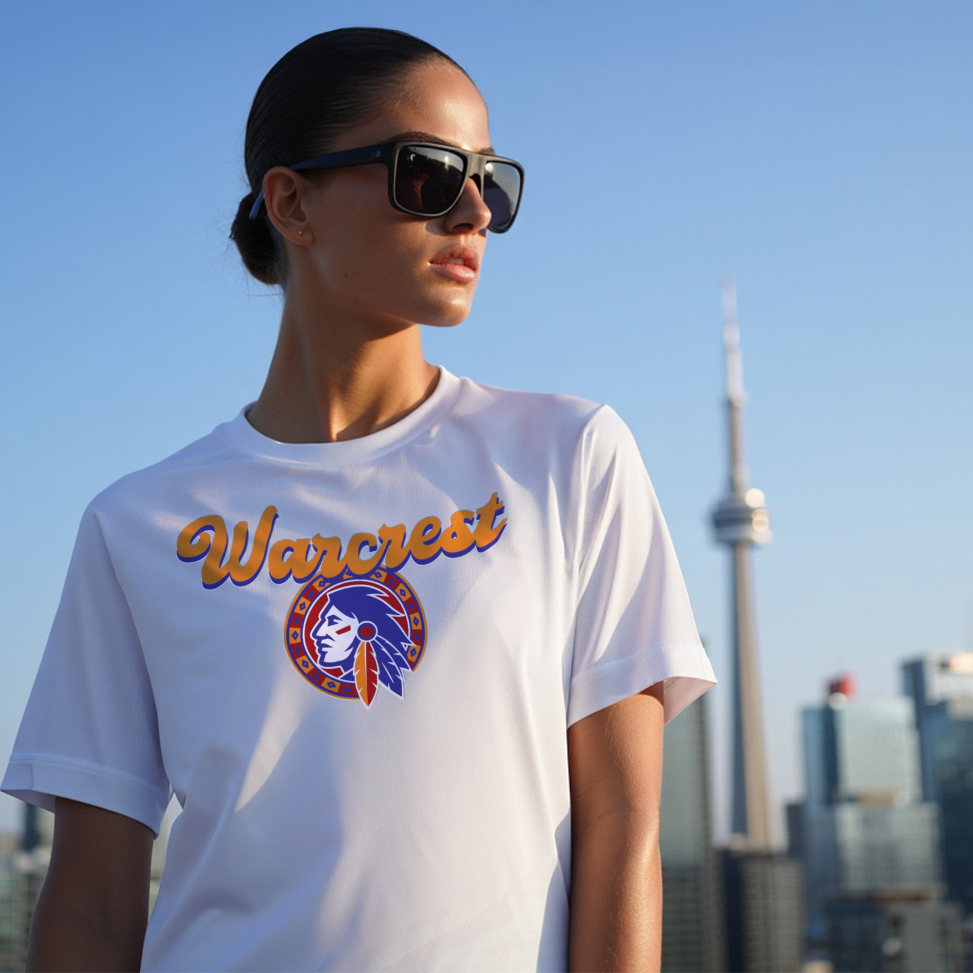 Person wearing a white t-shirt with 'Warcrest' logo