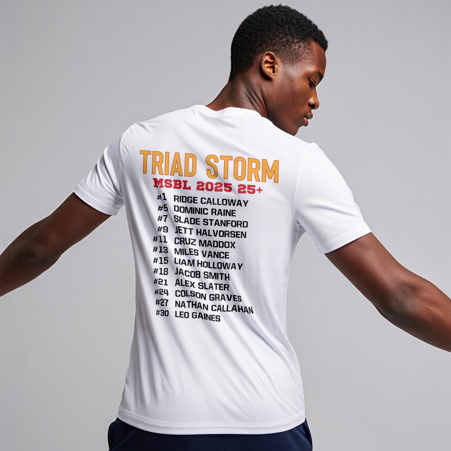 Baseball player wearing a white dry fit tshirt with team roster on it
