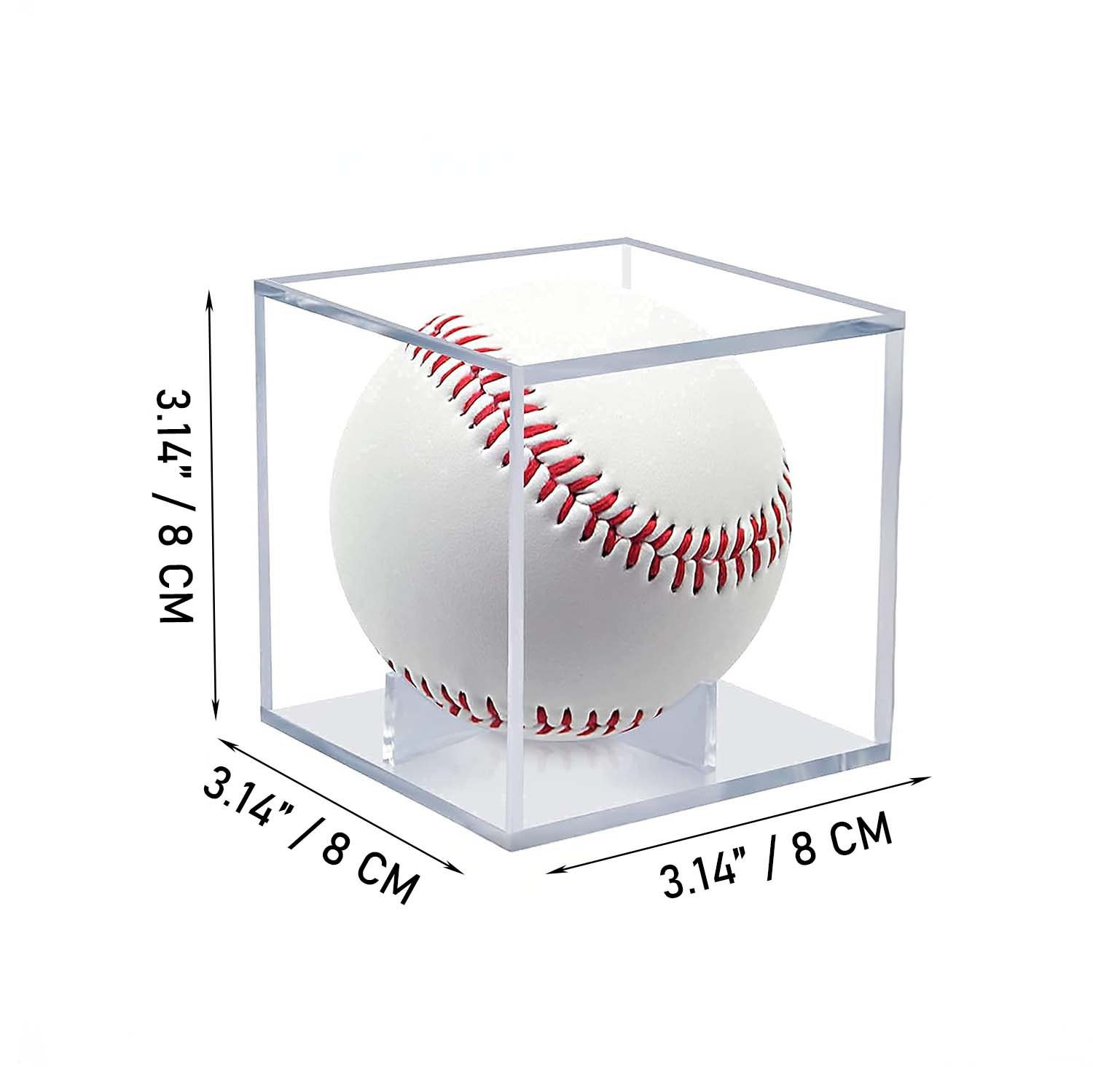 Clear acrylic cube displaying a baseball with dimensions indicated