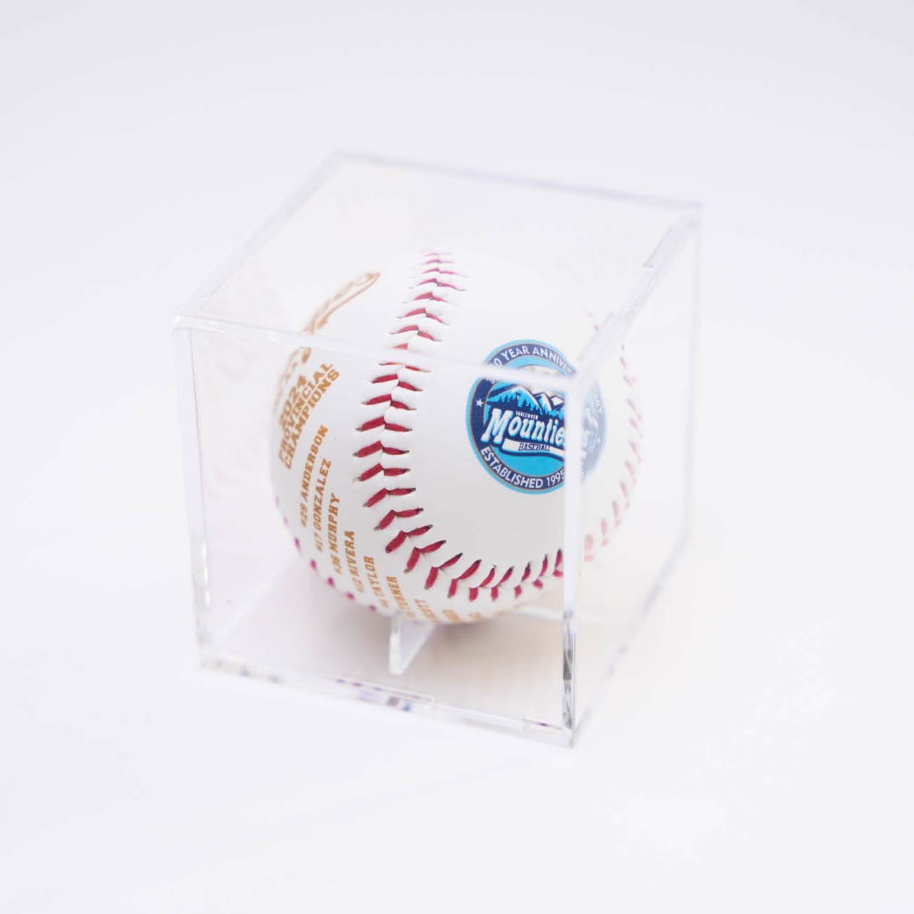 baseball in a clear baseball display case