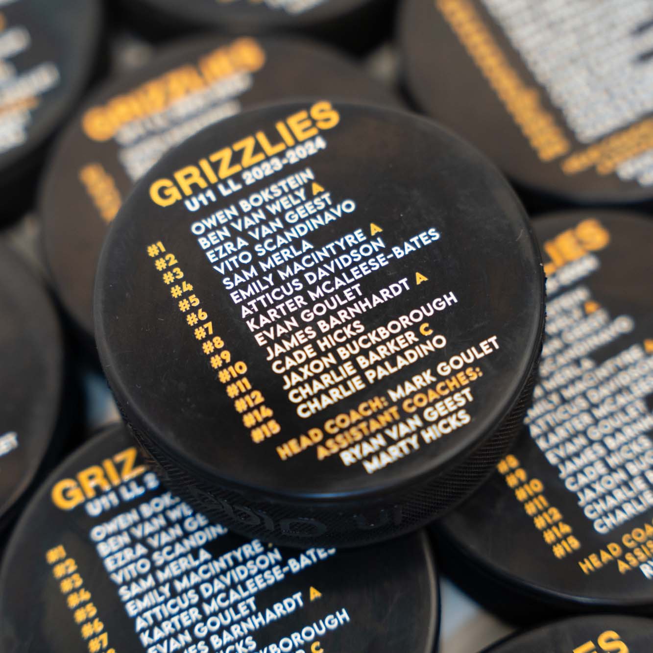 Custom printed hockey pucks with team roster