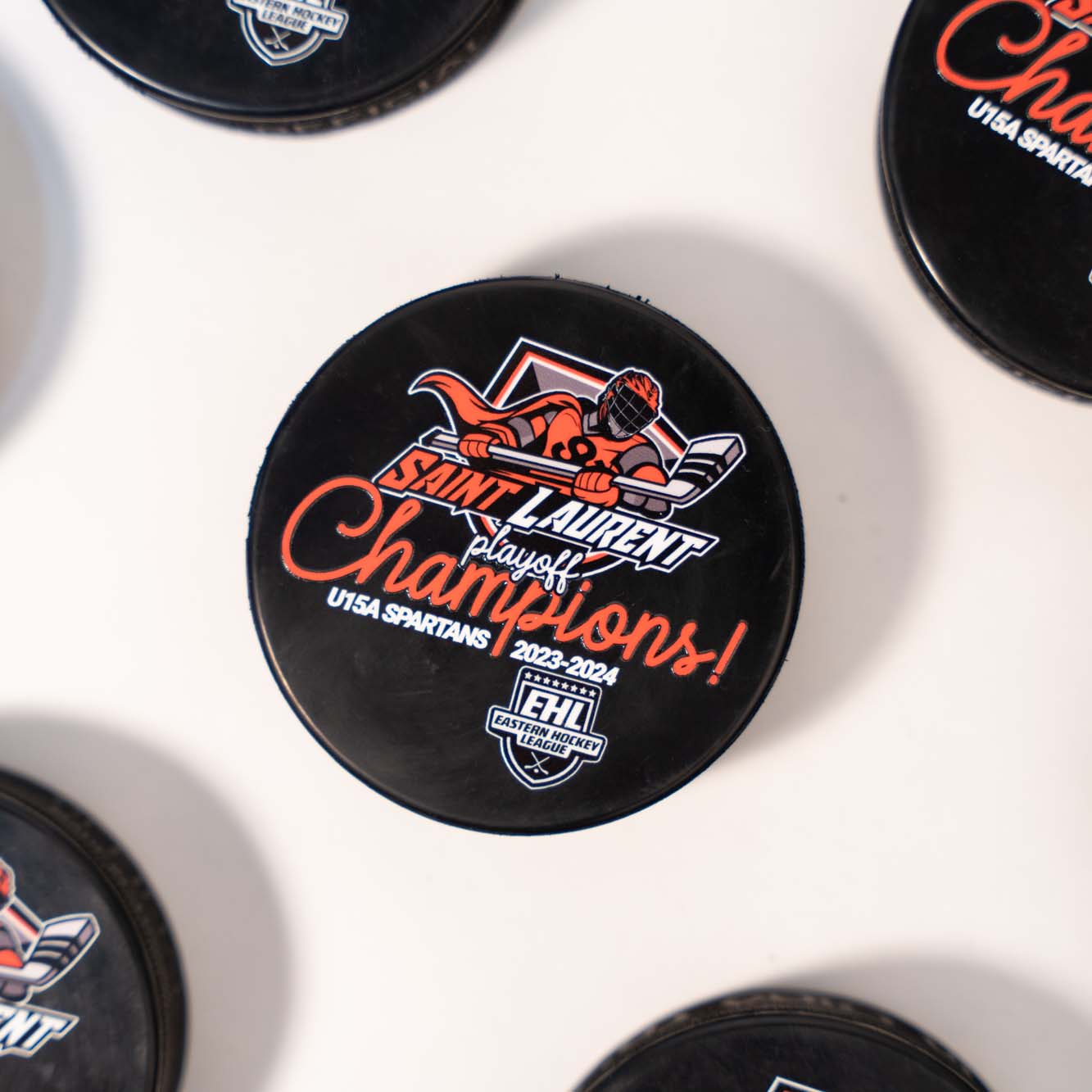 Custom hockey pucks printed with hockey association logo