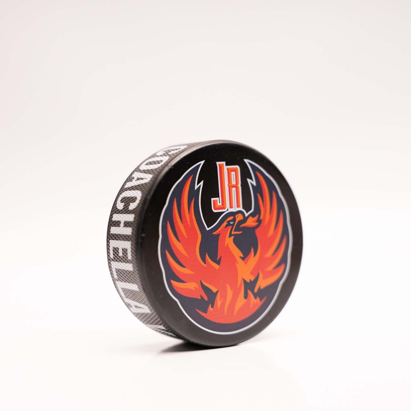 Printed Hockey Pucks with Edge Wrap-Around Text and Logo