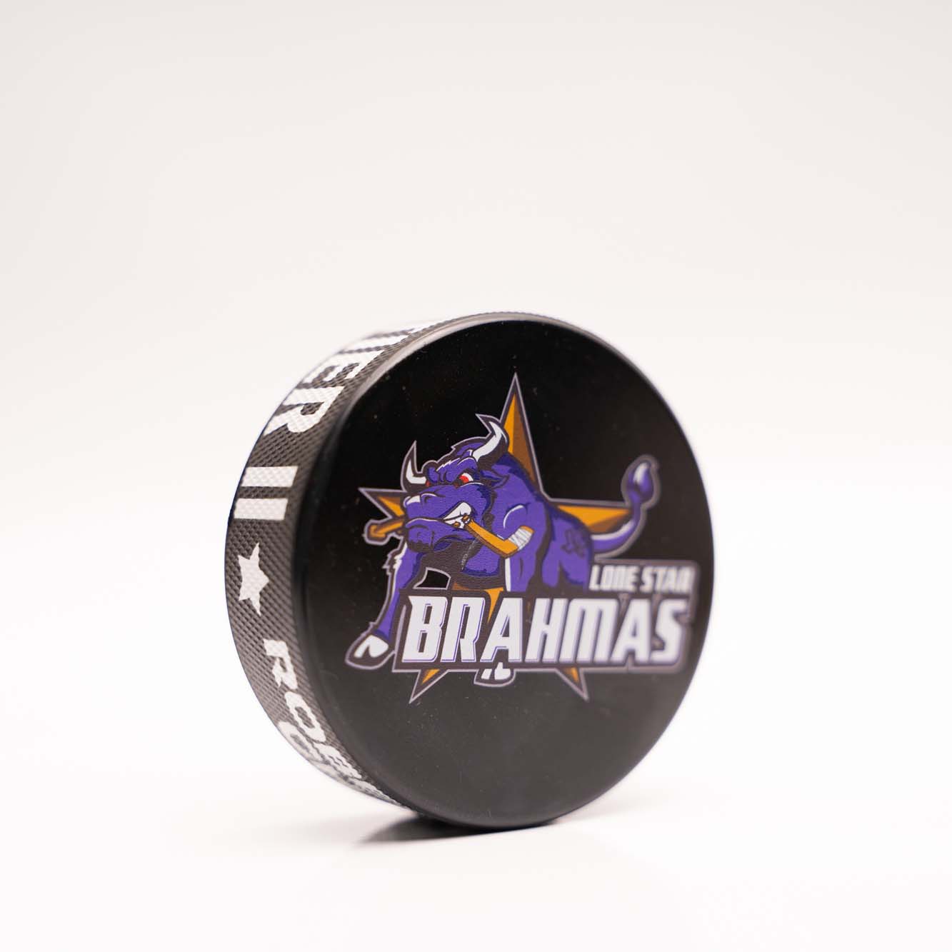 Team name printed on the hockey puck edge and logo printed on the puck surface