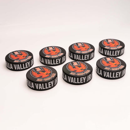 Unique Custom Printed Hockey Pucks with Edge Wrap-Around Text and Logo