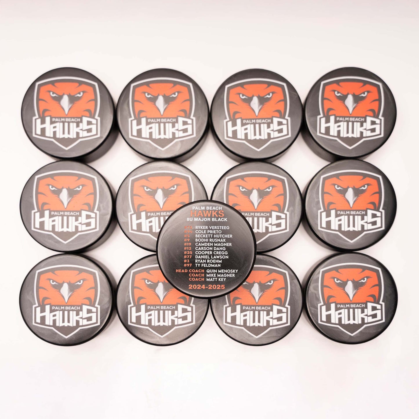 Collection of Palm Beach Hawks branded pucks on a white background