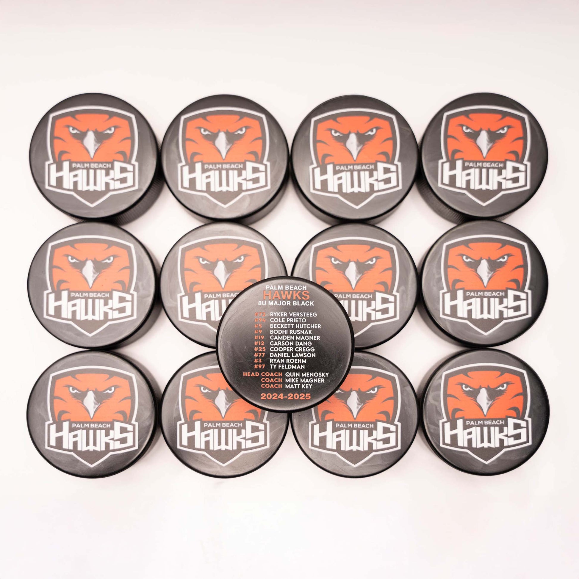 Collection of Palm Beach Hawks branded pucks on a white background