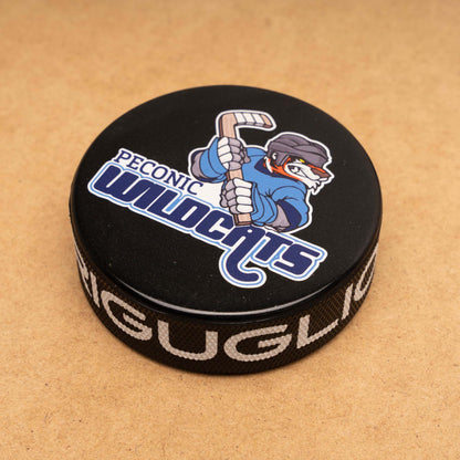 Hockey puck with Peconic Wildcats logo and printed edge