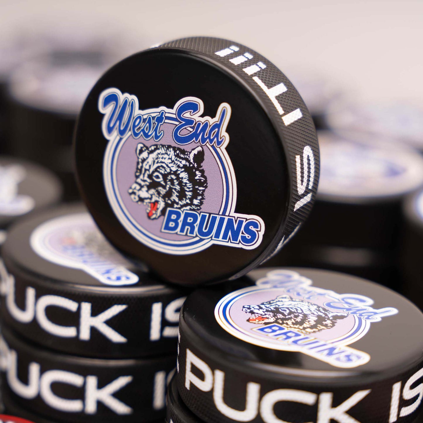 Unique Custom Printed Hockey Pucks with Edge Wrap-Around Text and Logo