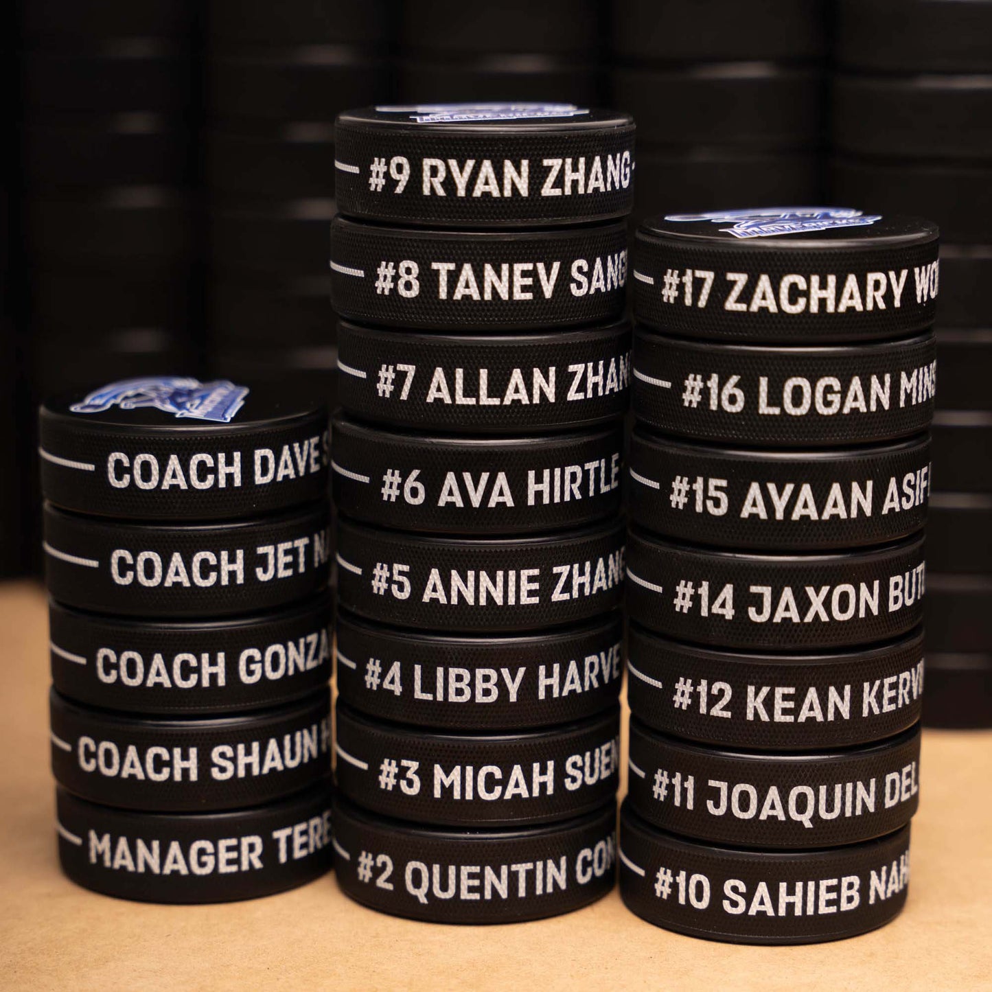 Unique Custom Printed Hockey Pucks with Edge Wrap-Around Text and Logo