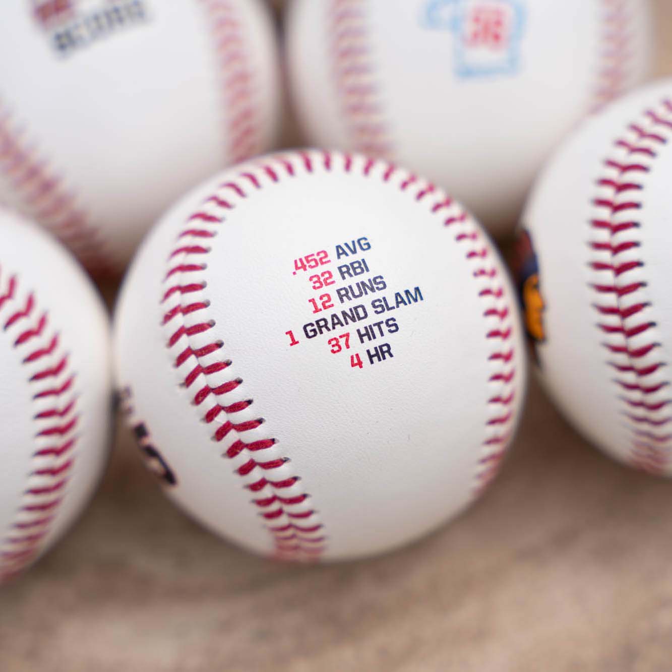 Baseballs with statistics printed on them, arranged closely together.