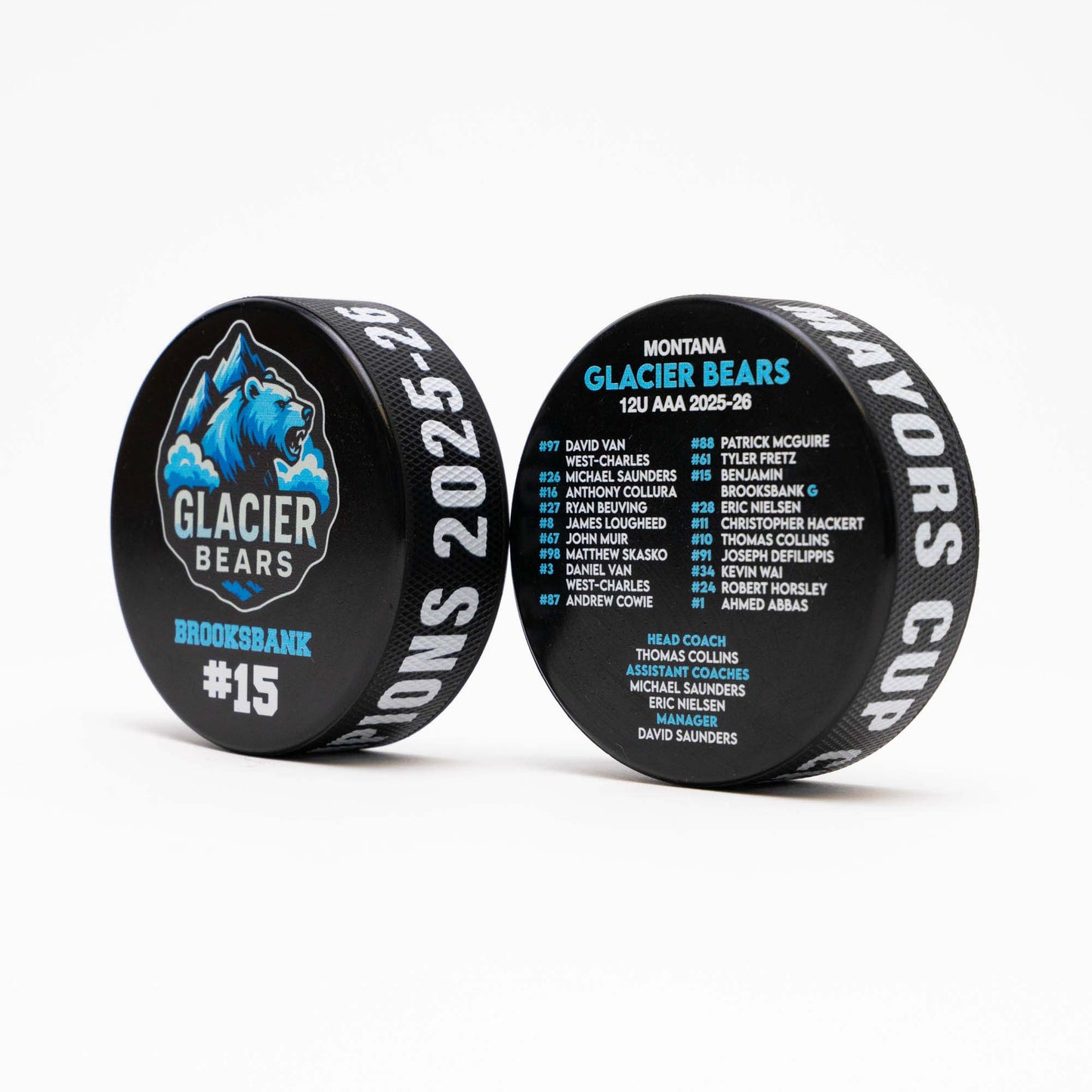 Unique Custom Printed Hockey Pucks with Edge Wrap-Around Text and Logo