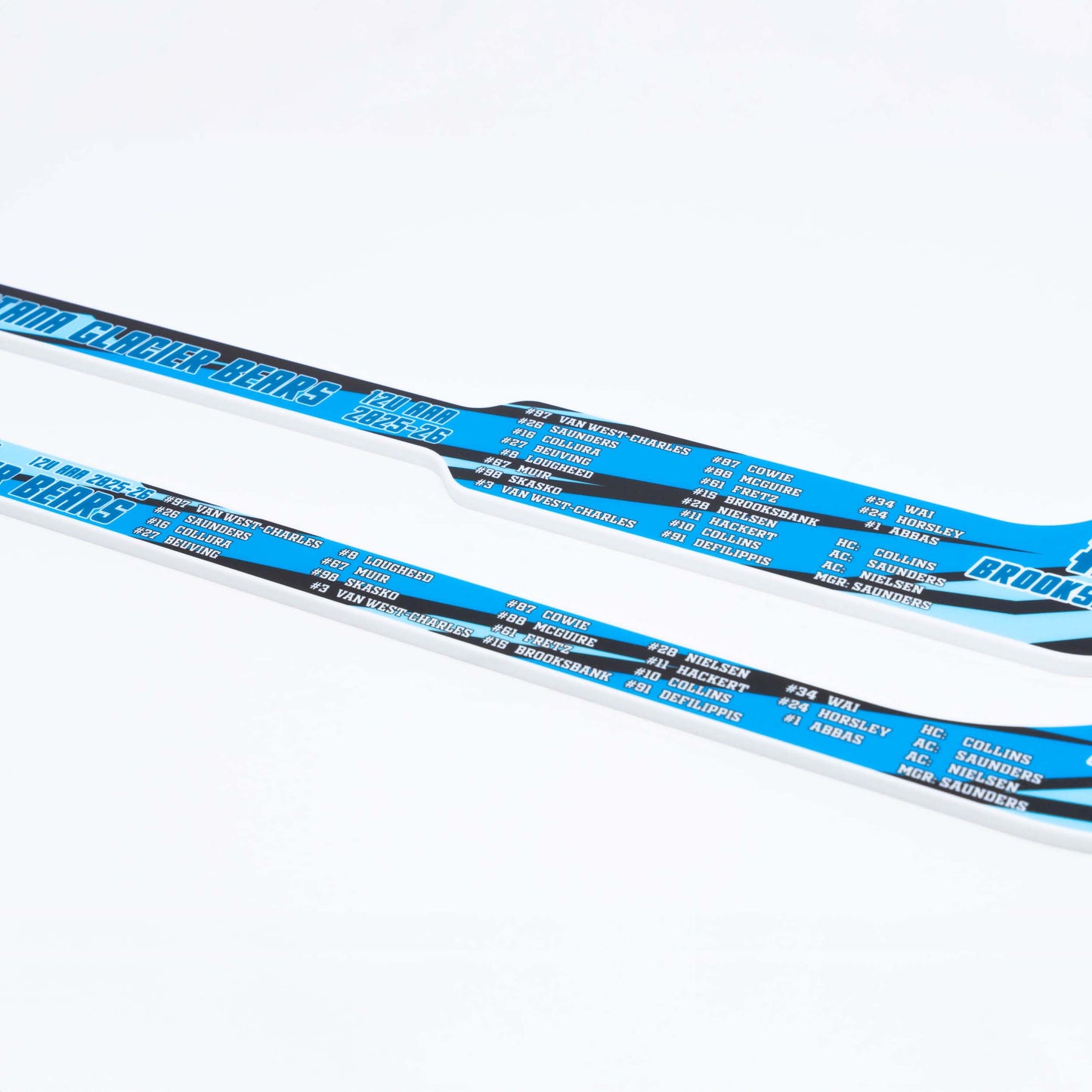 closeup of two mini hockey sticks showing the player roster