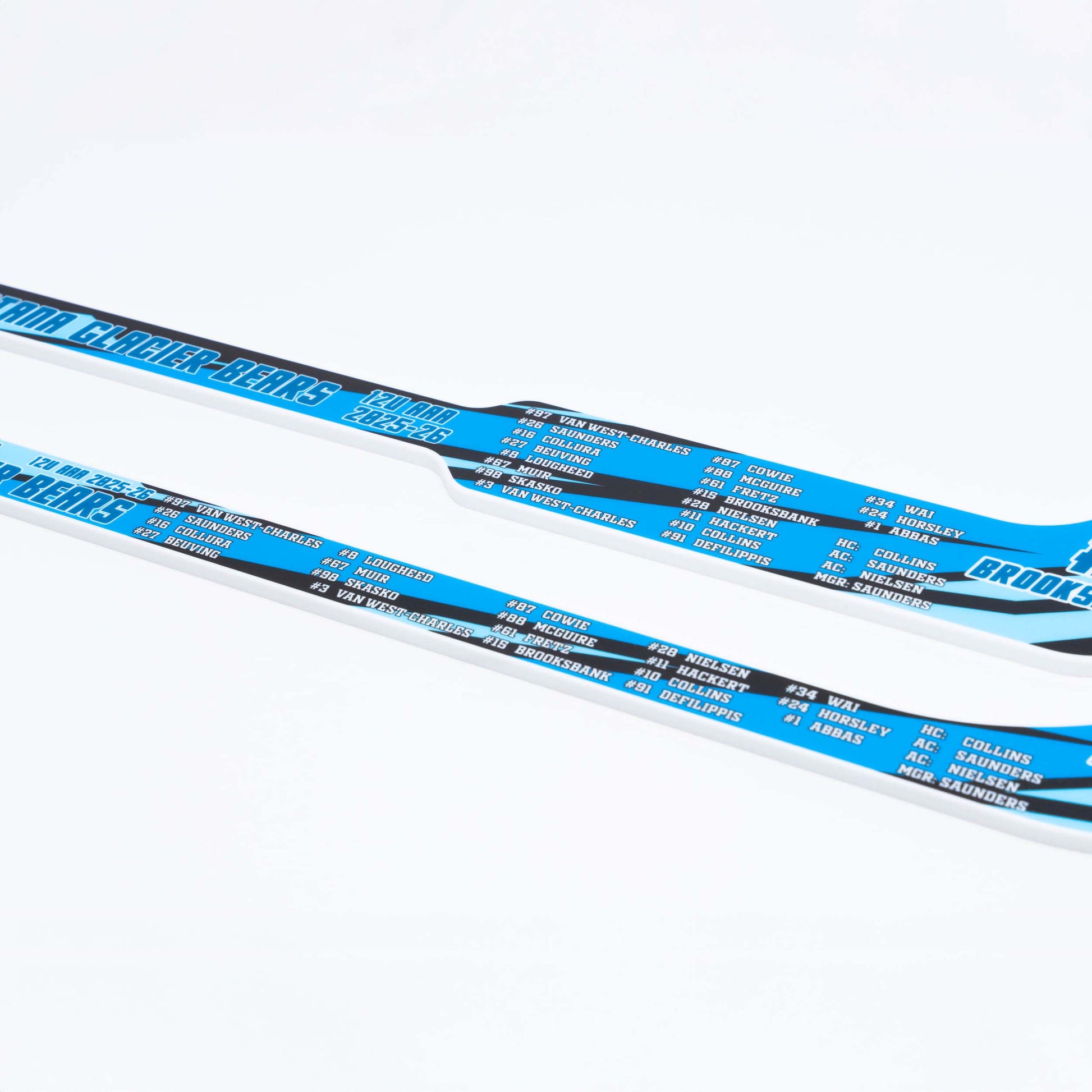 closeup of two mini hockey sticks showing the player roster