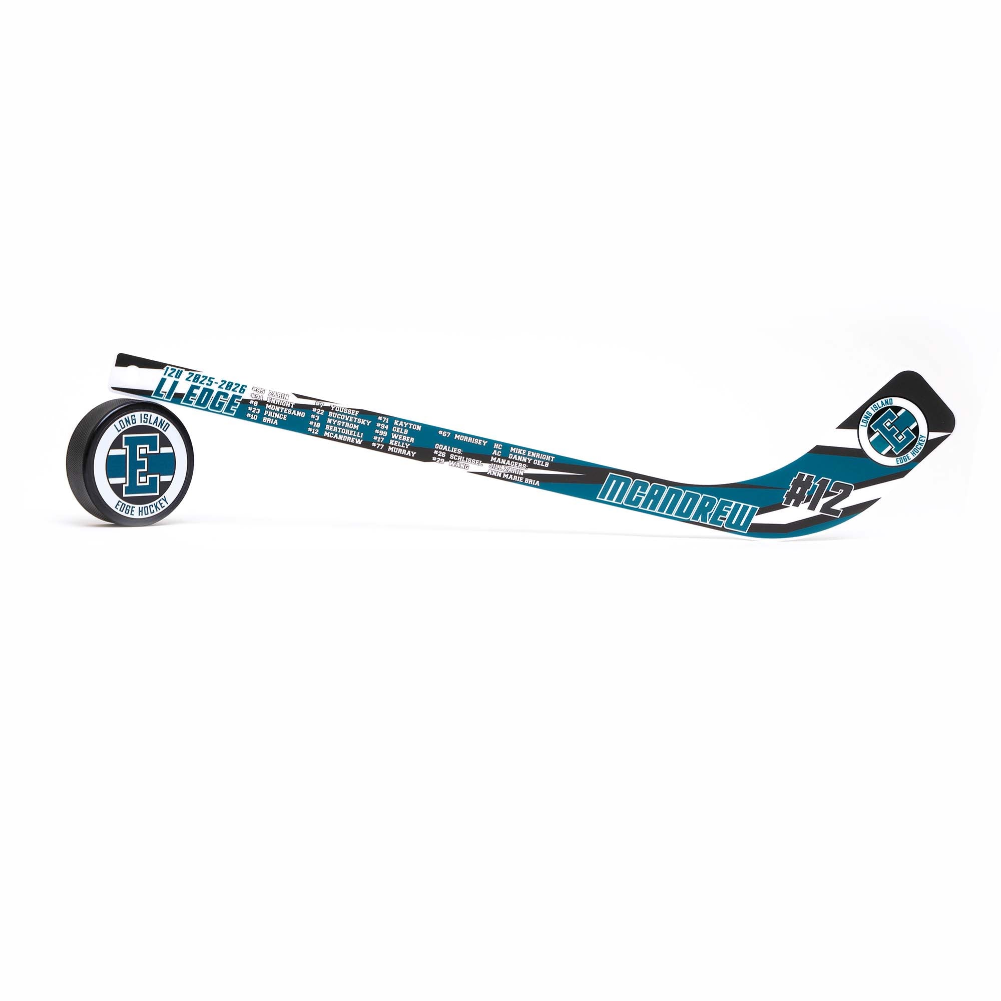 Mini Hockey Stick with Roster and Puck with Logo displayed on a white background