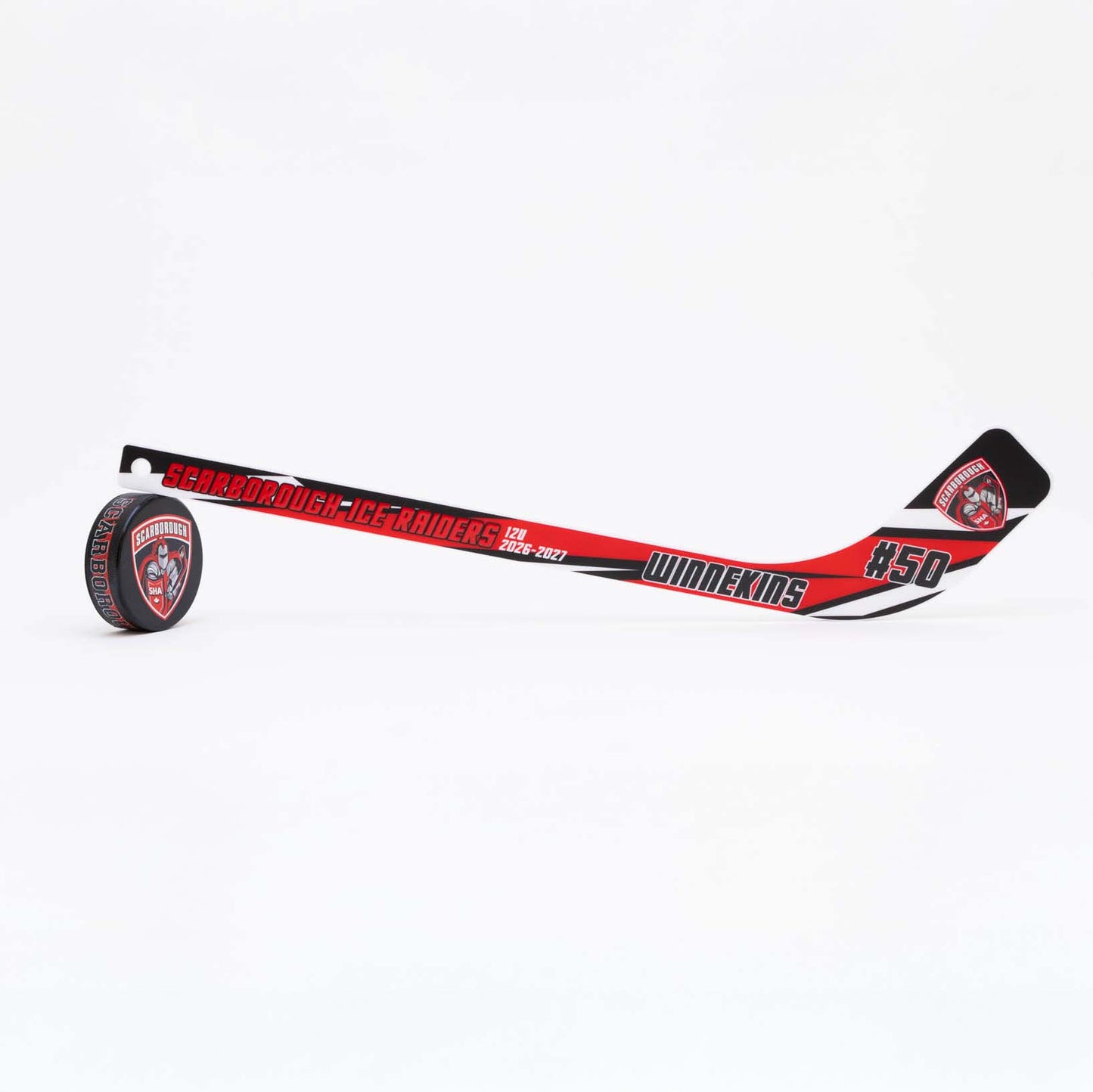 Personalized Mini Hockey stick with a puck on a white background
