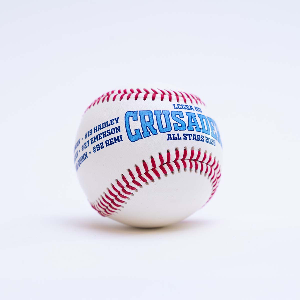 Baseball with 'LCUSA Crusaders All Stars 2023' text on a white background