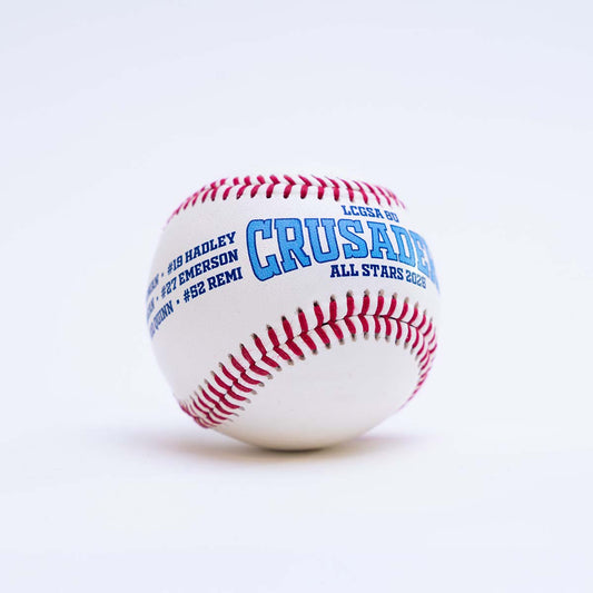 Baseball with 'LCUSA Crusaders All Stars 2023' text on a white background