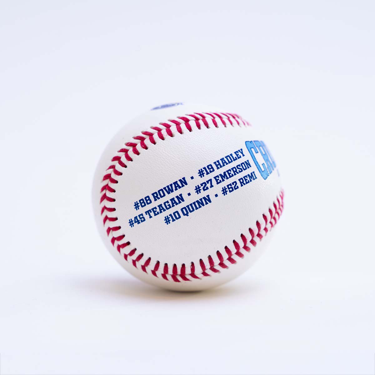 Baseball with personalized names and numbers on a white background