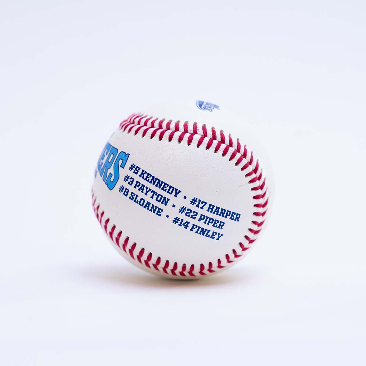 Baseball with player names and numbers printed on a white background
