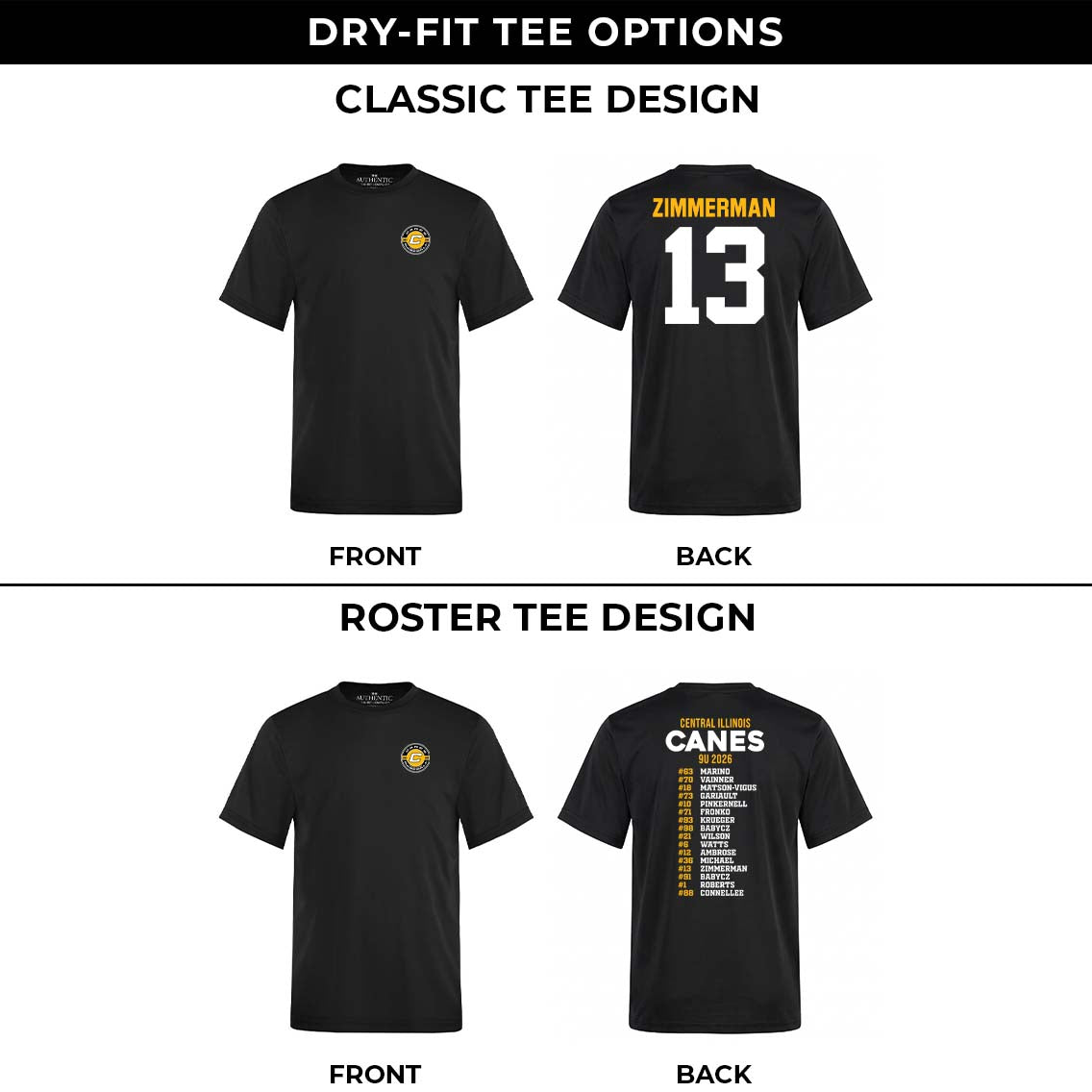 Black dry-fit t-shirts with front and back designs on a white background