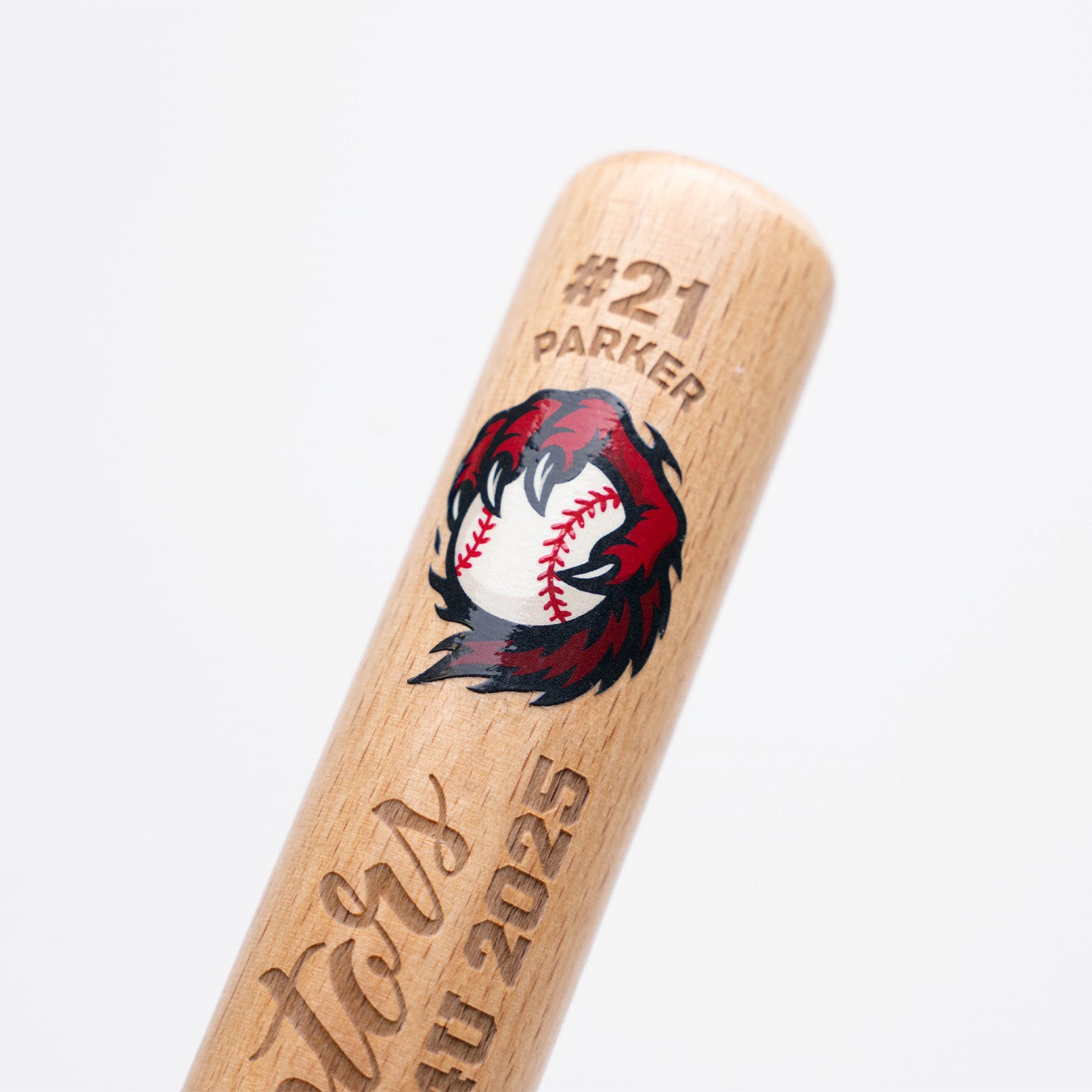 Wooden mini baseball bat with UV printed logo and player name and number