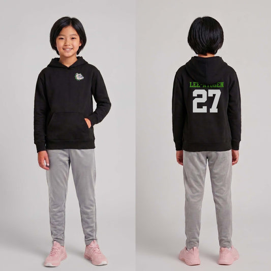 Child wearing a black hoodie with text and numbers, standing against a plain background