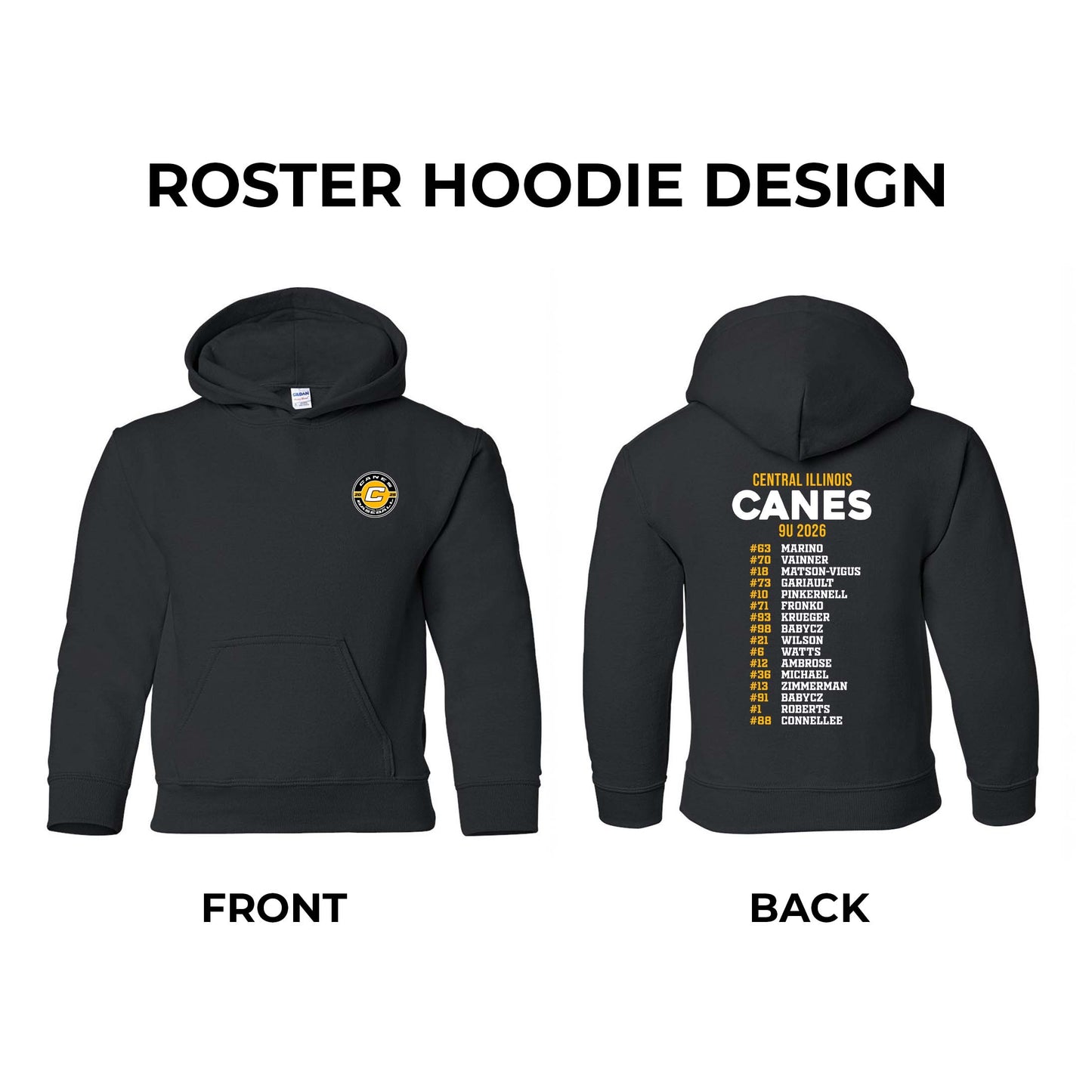 Black hoodie with 'Canes' design on front and back, featuring a logo and roster.