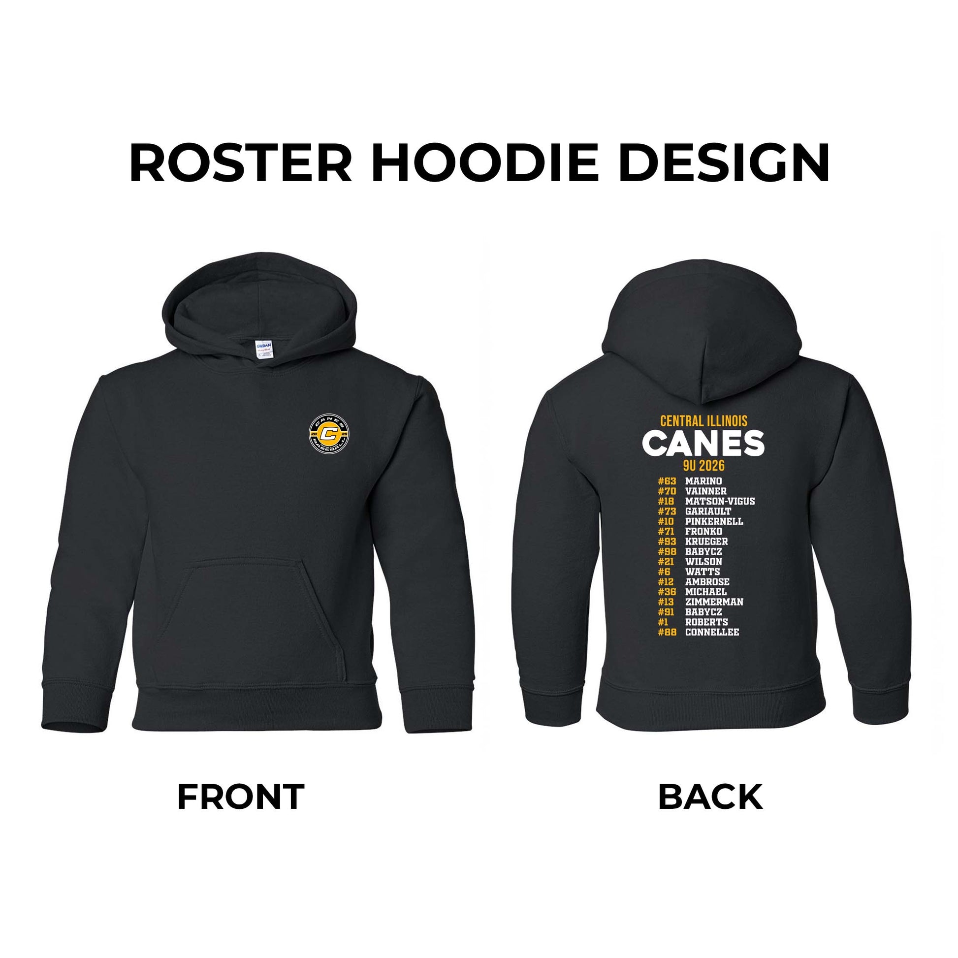 Black hoodie with 'Canes' design on front and back, featuring a logo and roster.