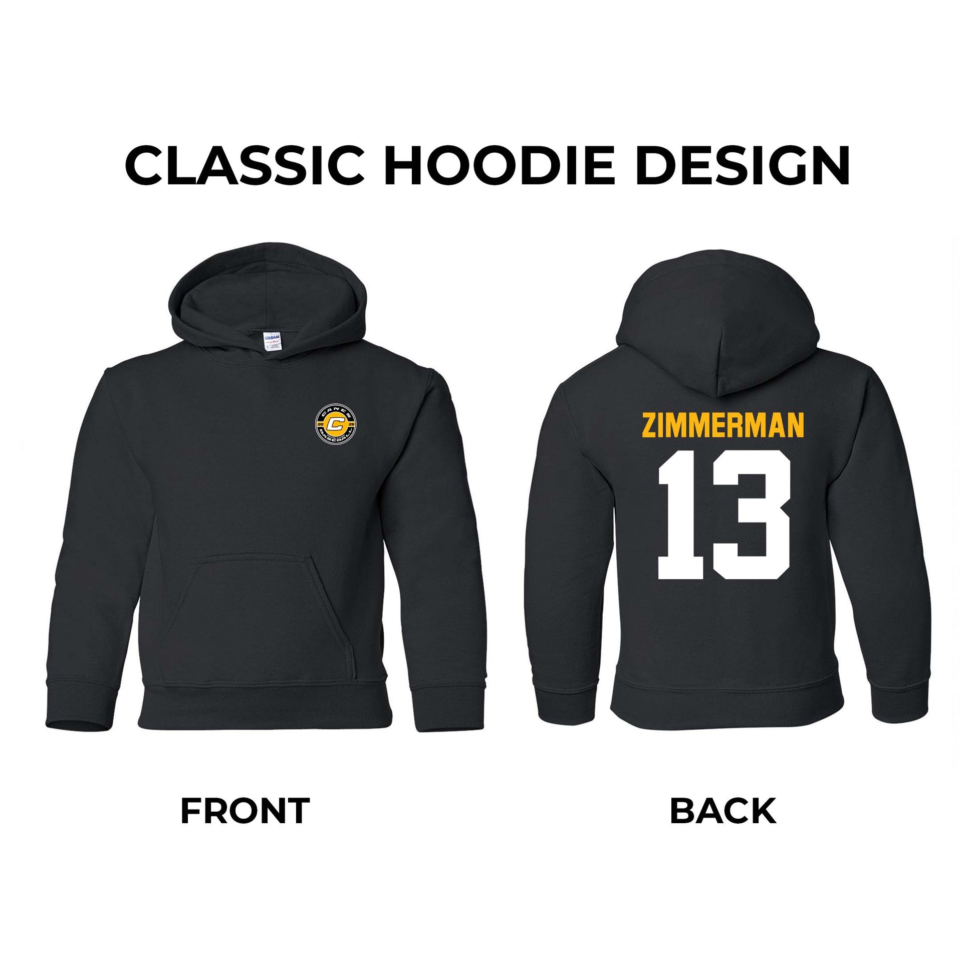 Black hoodie with front and back designs on a white background