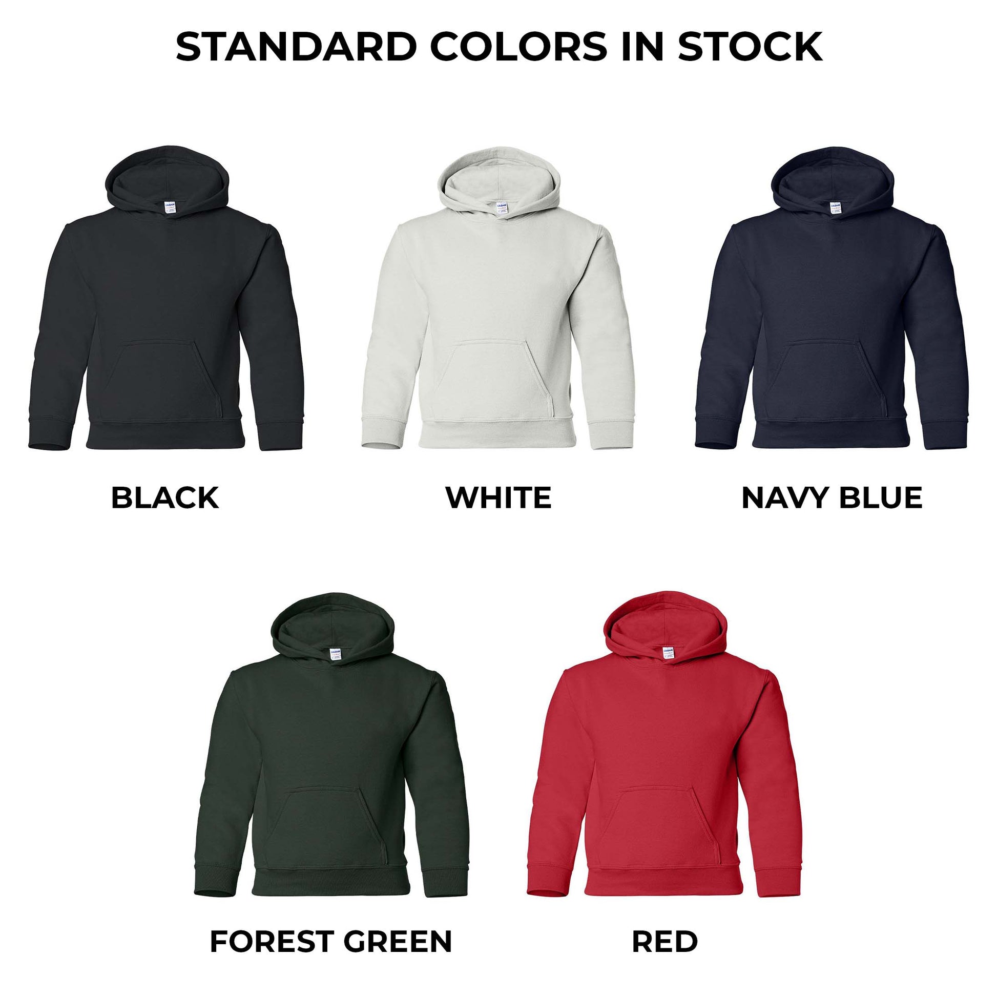 Five hoodies in black, white, navy blue, forest green, and red with labels underneath each color.