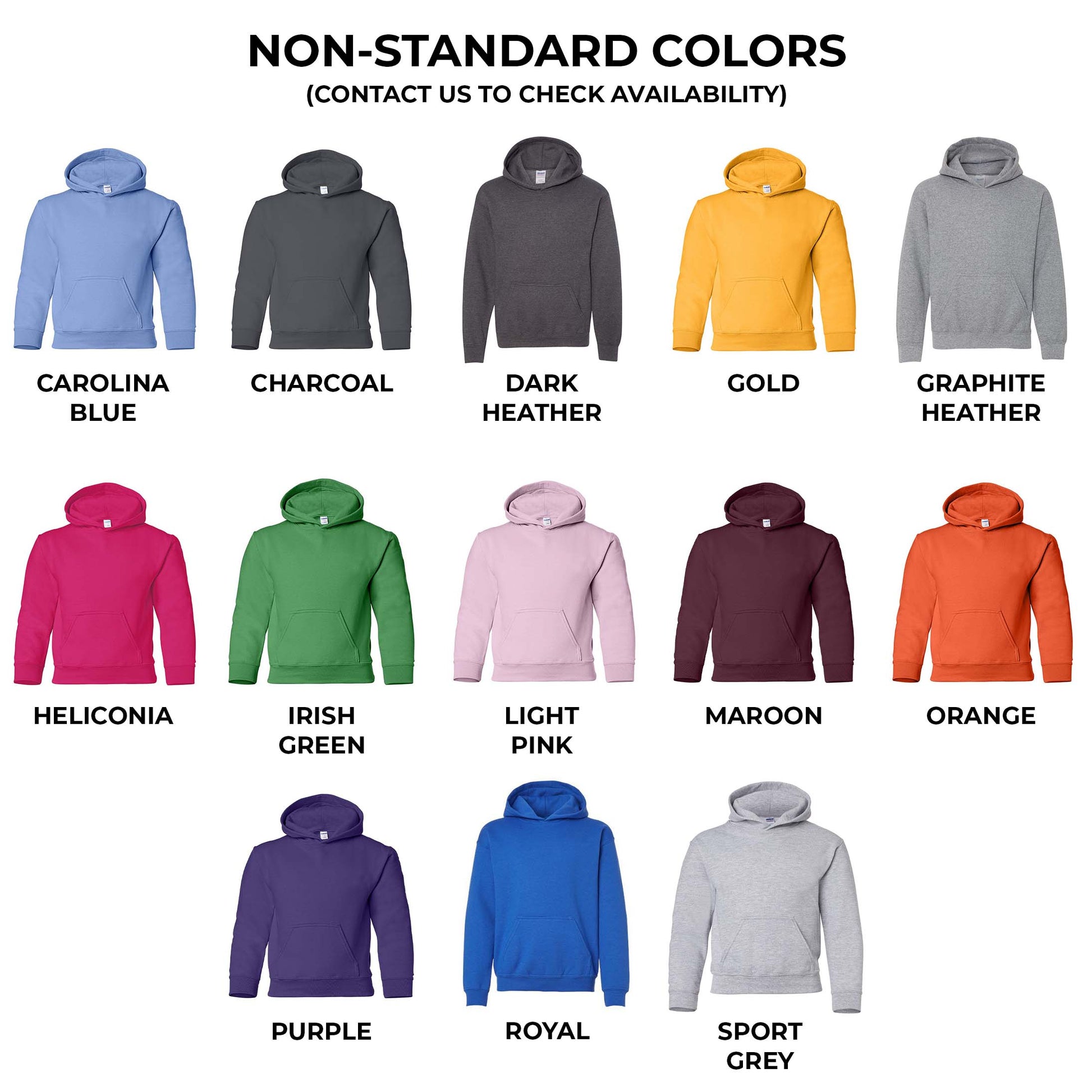 Chart displaying various hoodie colors with labels on a white background