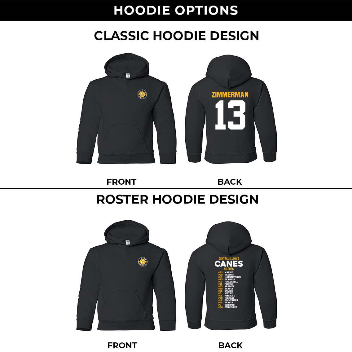 Black hoodie with front and back designs displayed against a white background.