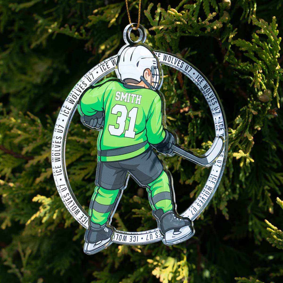 Junior hockey player ornament with 'Smith' and number '31' on a green background