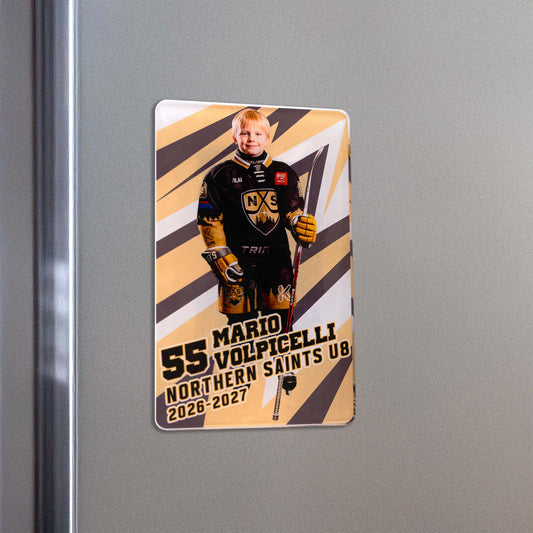 Fridge magnet with a child in hockey gear on a fridge