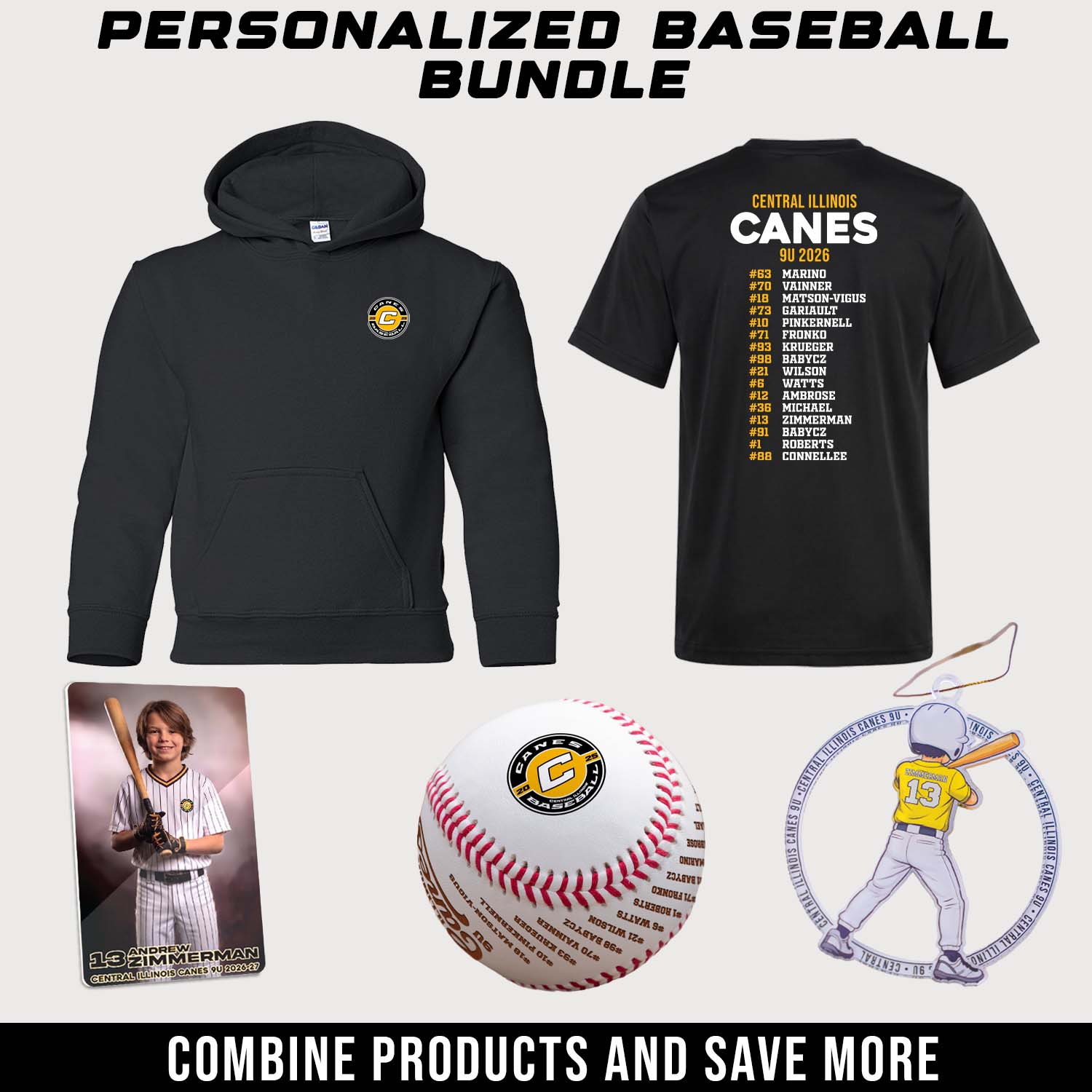 Personalized baseball bundle with hoodie, t-shirt, baseball, tree ornament and photo magnet on a light gray background.
