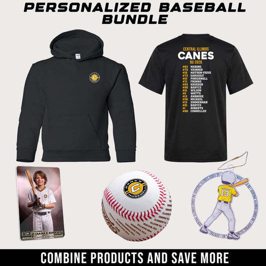 Personalized baseball bundle with hoodie, t-shirt, baseball, tree ornament and photo magnet on a light gray background.