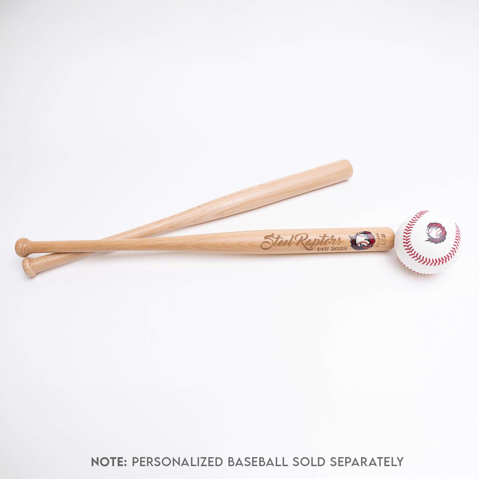 Two wooden mini baseball bats and a signature baseball on a white background with text indicating personalized baseball sold separately.