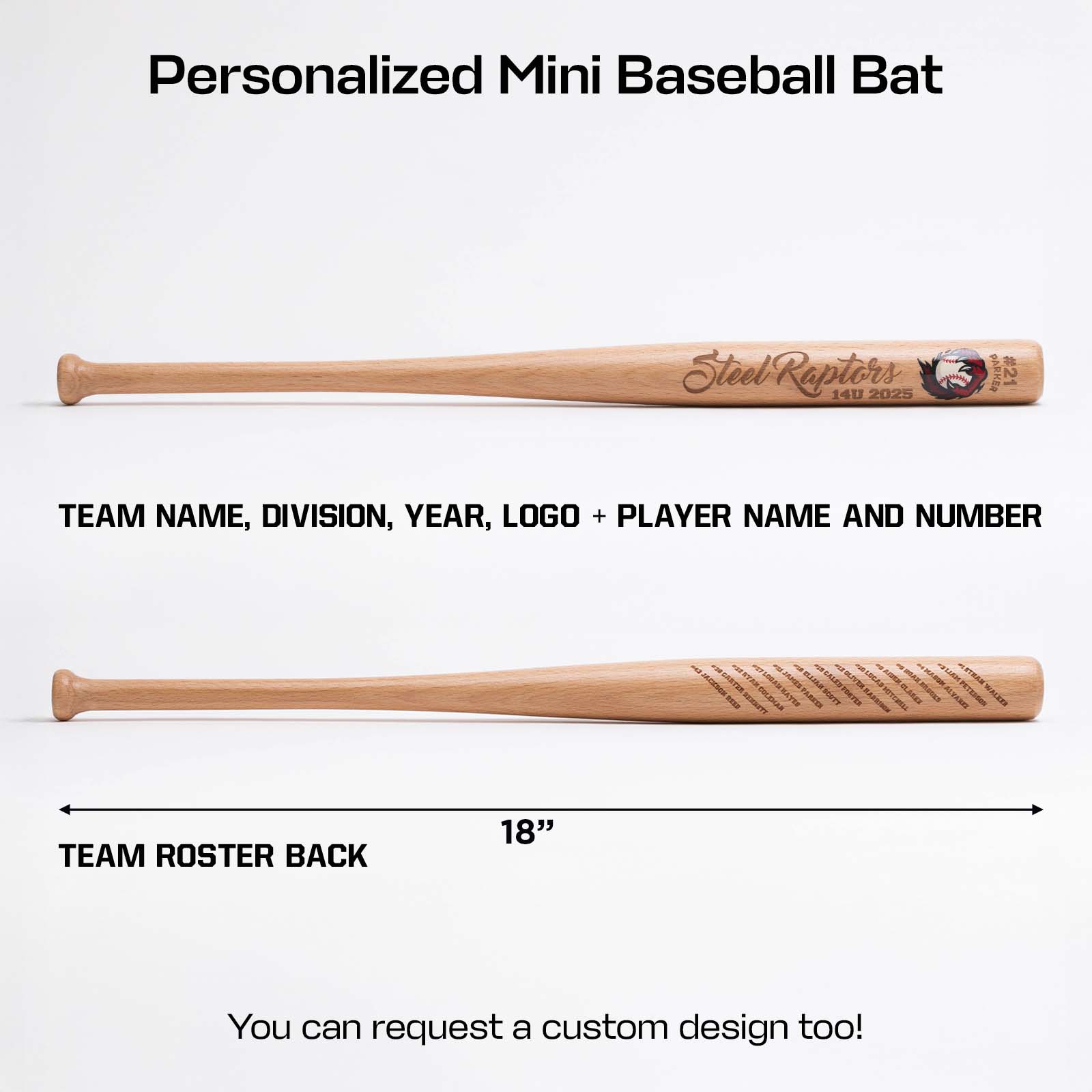 Personalized mini baseball bat showing selected options for the front and back of the bat