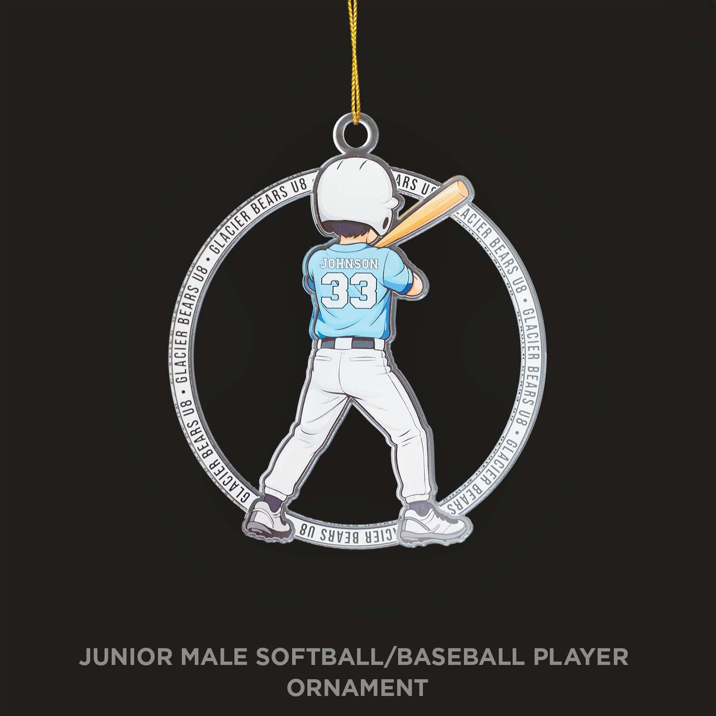 Ornament of a junior male softball/baseball player in a batting stance on a black background.